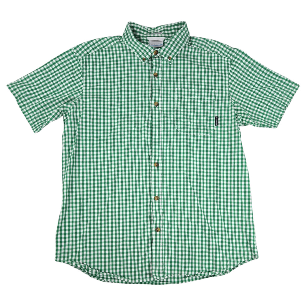 Columbia Men Large Green Gingham Short Sleeve Cotton Shirt Spring Easter Picnic